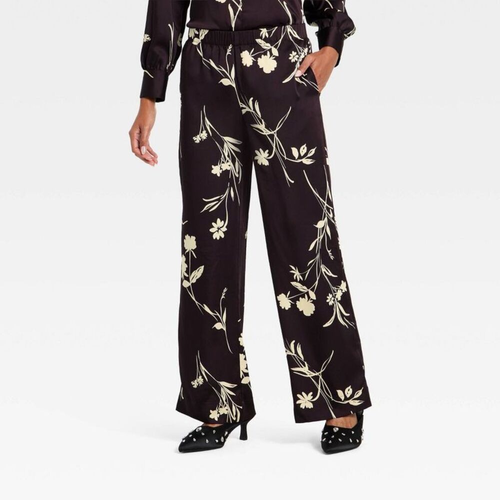 Women's Satin Pull-On Pants - A New Day Brown Floral S